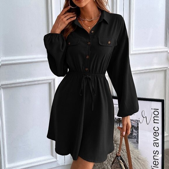 Black Casual Women's Lantern Sleeve Flap Detail Shirt Dress Without Belt - Picture 2 of 7